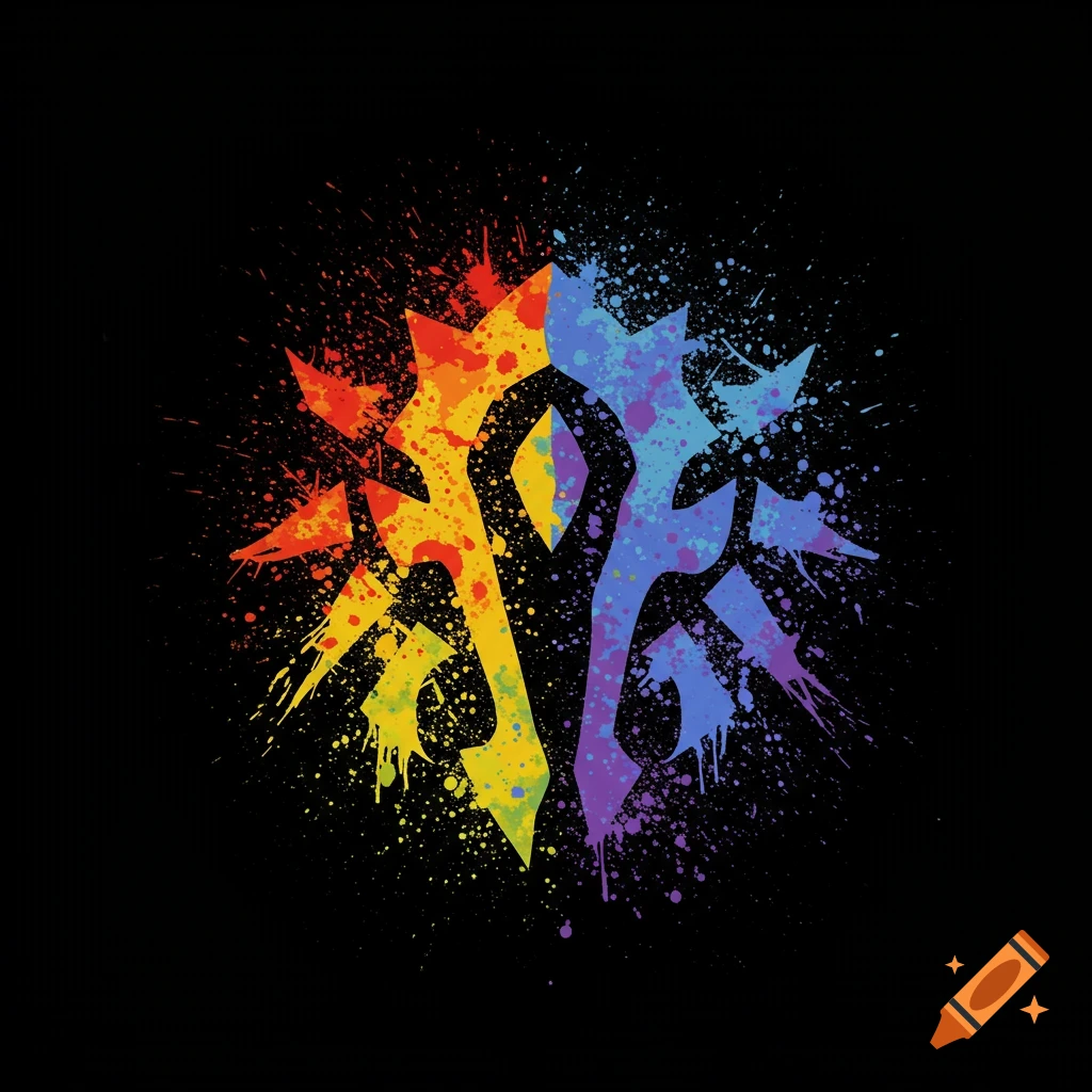 Splatter painted World of Warcraft Horde and Alliance emblem in rainbow pride colors on black