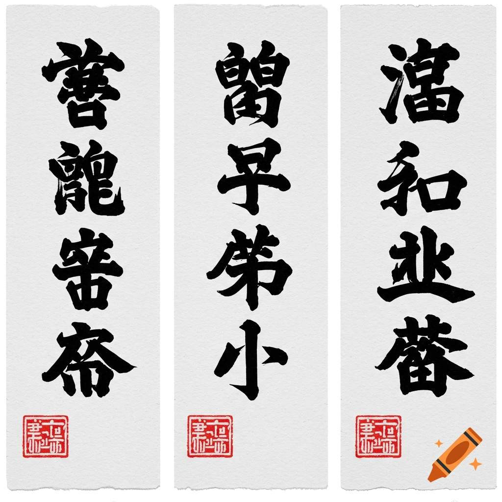 Three paper slips with black Japanese calligraphy and red seals.
