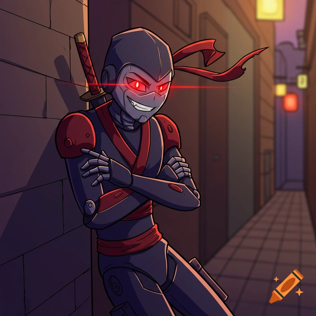 Cartoon robot ninja leaning against an alley wall with red glowing eyes and smirk.