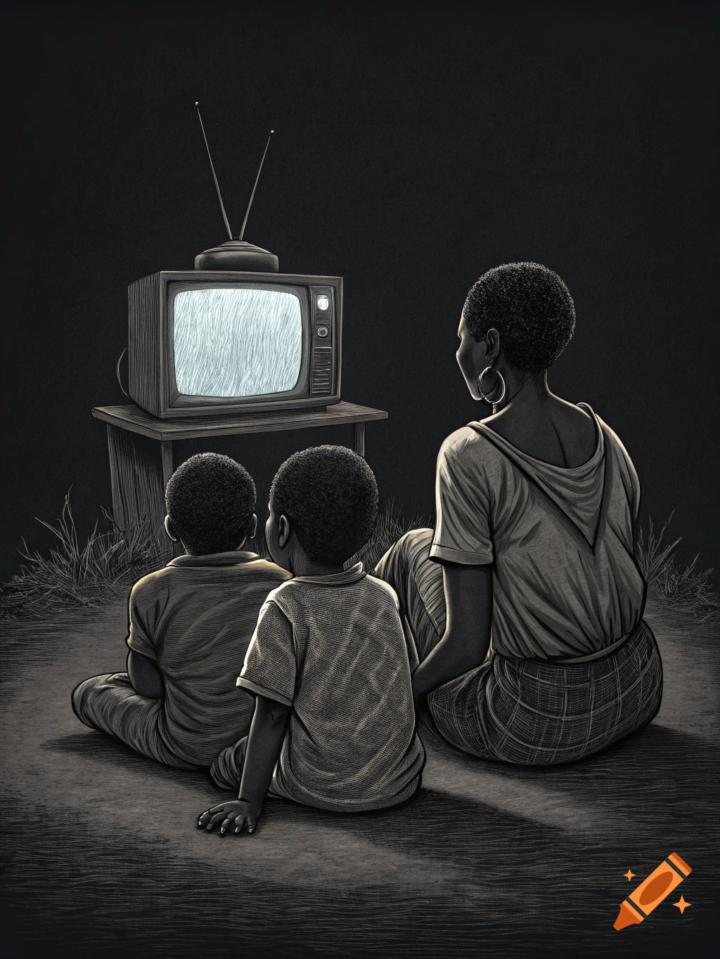 A family viewed from behind sits watching a television in a minimalist black and white drawing style.