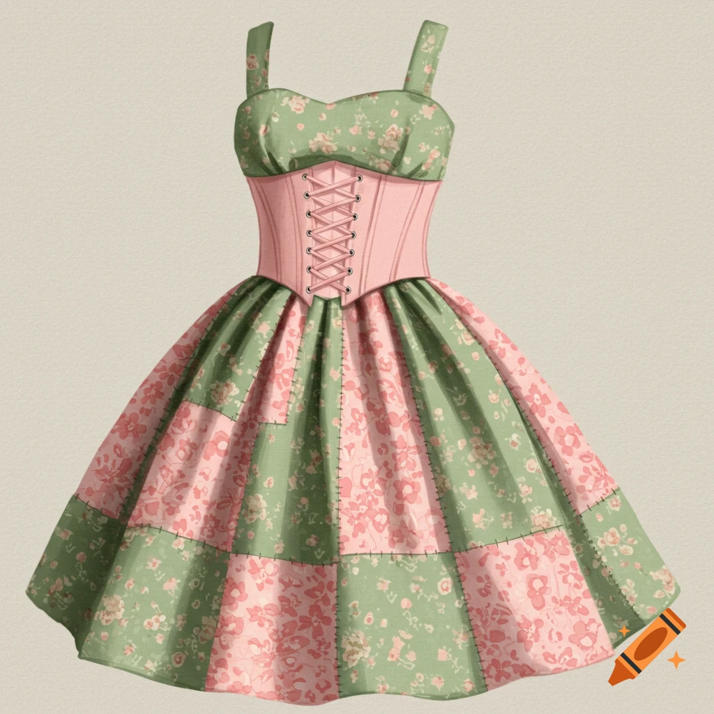 A pink and green floral patchwork dress with a laced pink corset.