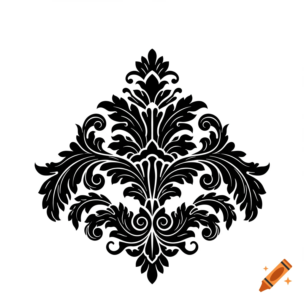 Black floral damask ornament on white background.
