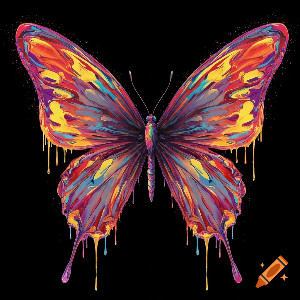 A colorful butterfly with wings made of dripping paint against a black background.