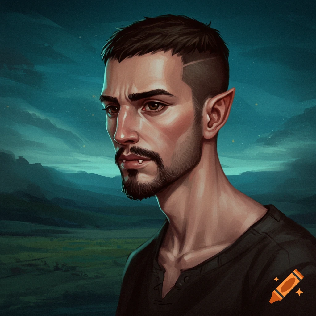 A man with pointed ears and fangs stands against a night landscape.