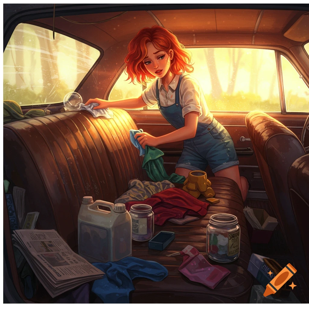 A woman cleans the interior of an old car.