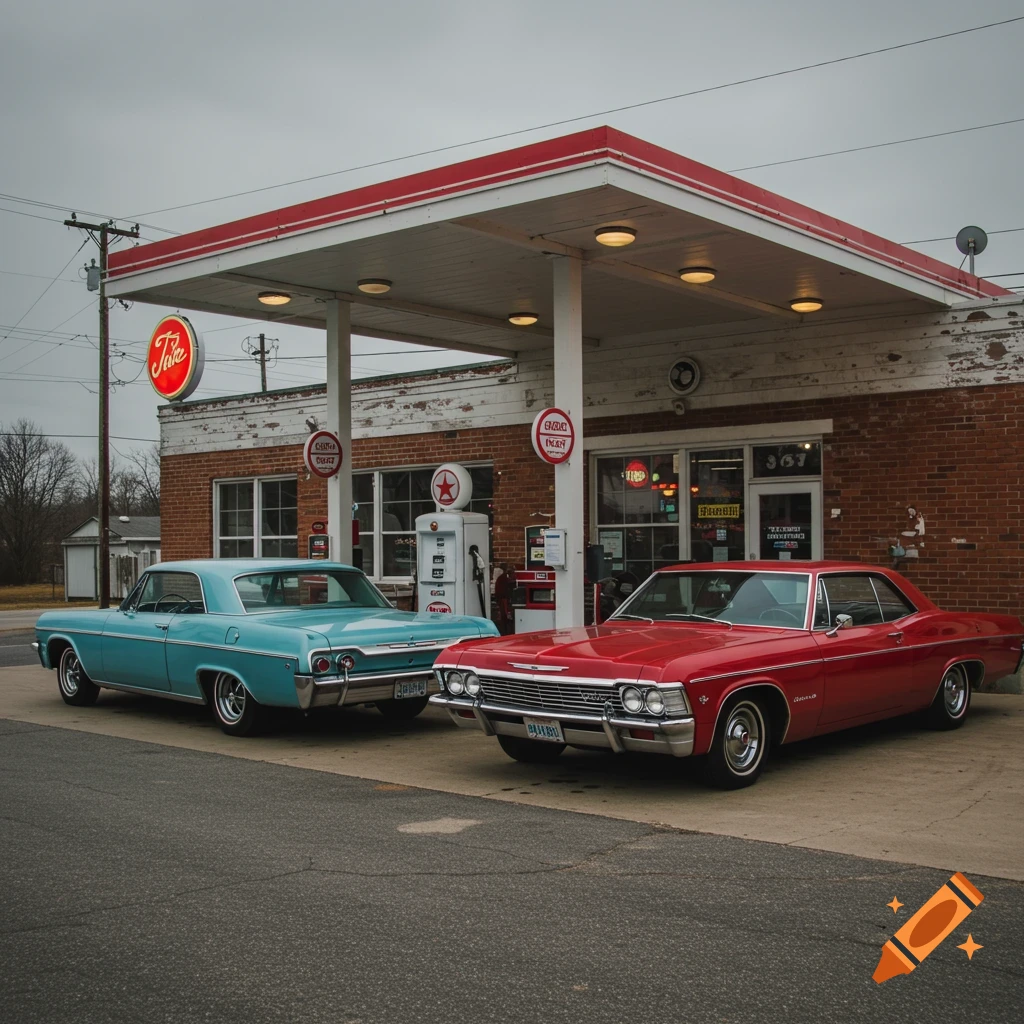 Two classic Chevrolet Impala cars, one blue, one red, parked at a vintage gas station.