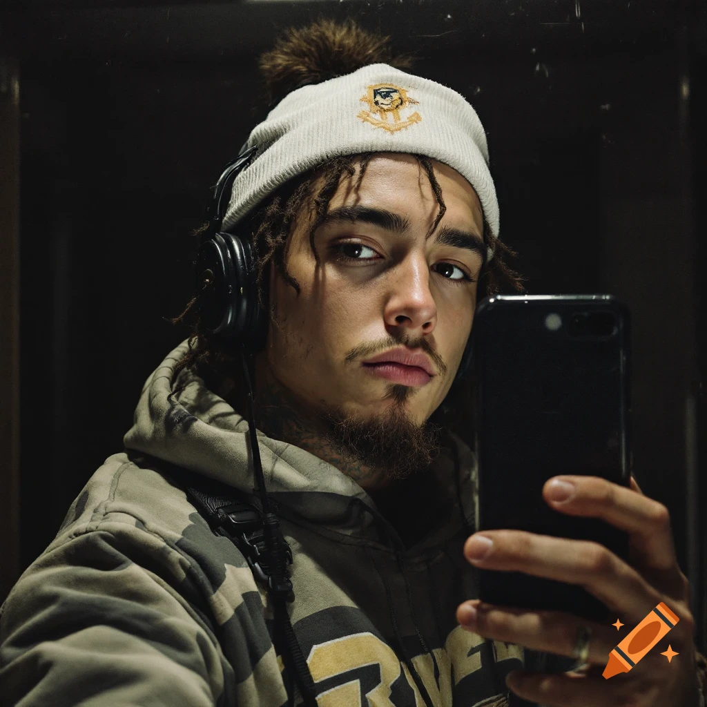 A young man with dreadlocks, a beanie, headphones, and a camo hoodie takes a mirror selfie with his phone.