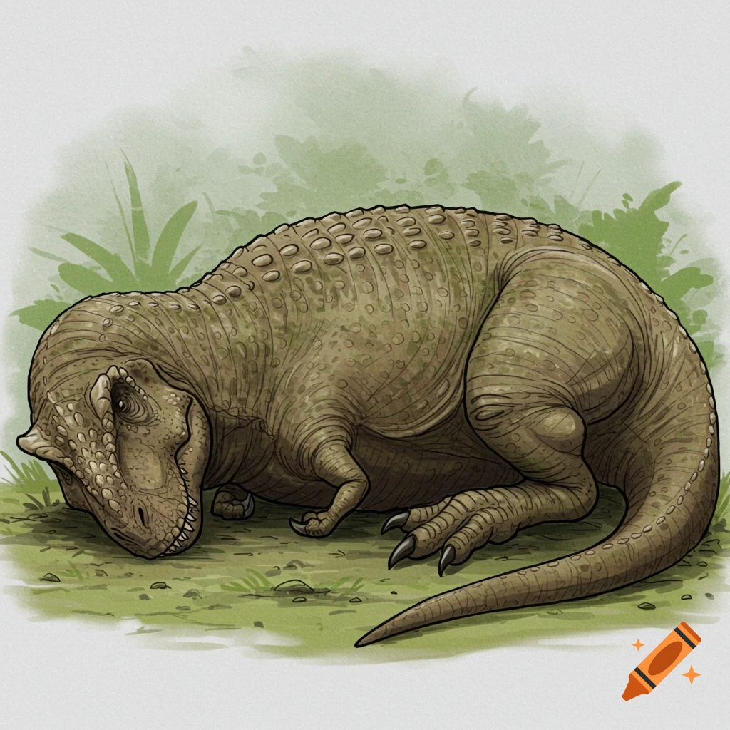 Detailed paleoart drawing of a T-Rex resting on the ground.