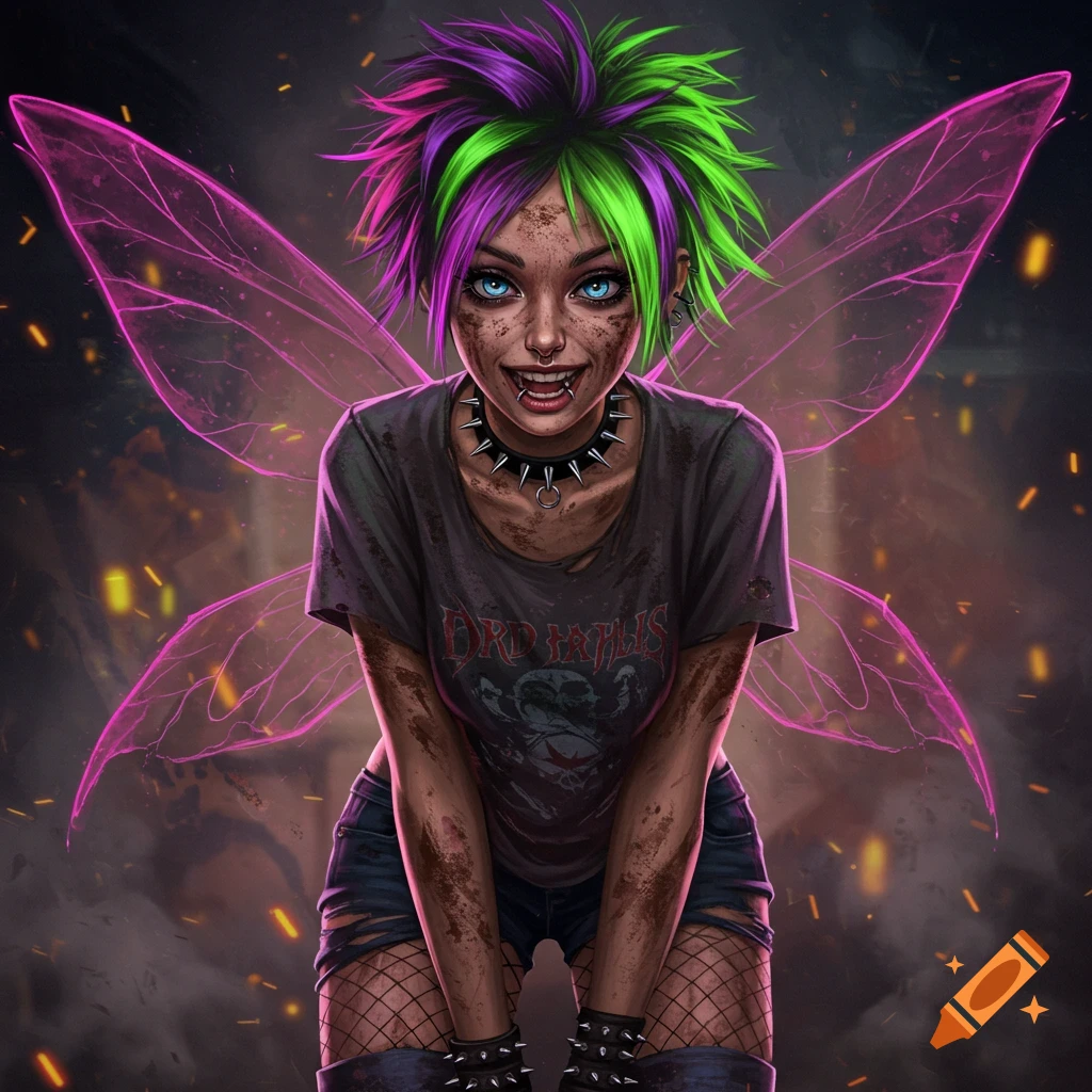 A dirty grunge pixie with purple and green hair, sharp teeth, piercings, spiked collar, ripped shirt, and glowing pink wings.