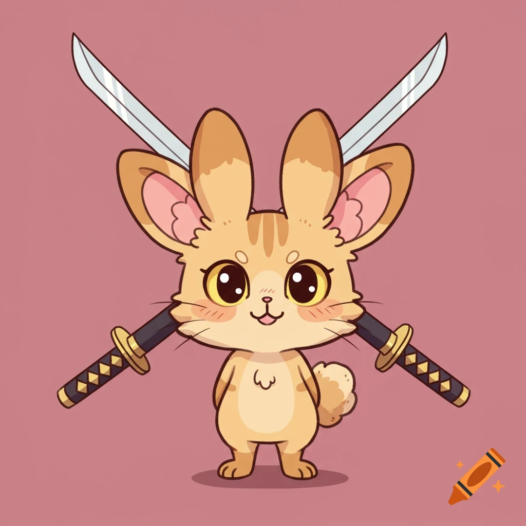 Cute cartoon cat-bunny hybrid stands with katanas crossed behind its back.