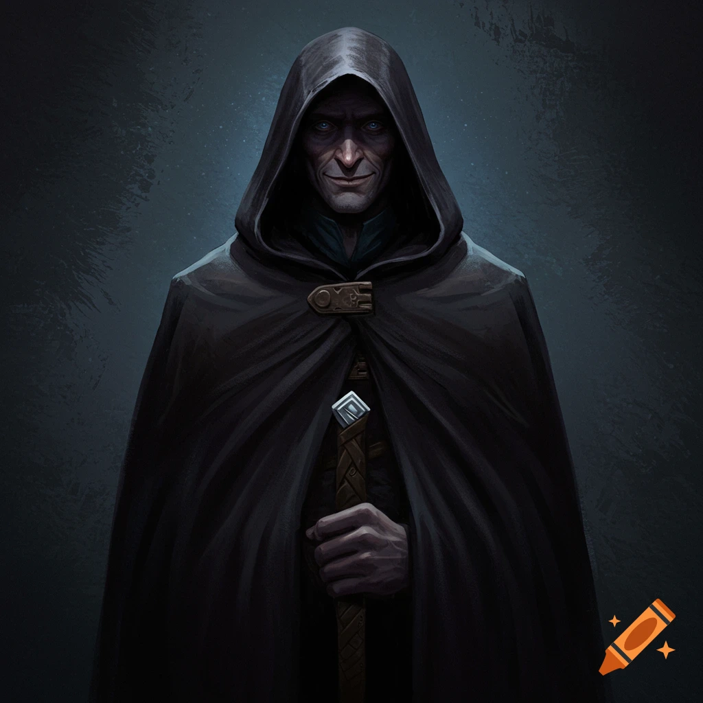 A hooded man in a black cloak holding a sword, with blue eyes and a grin.