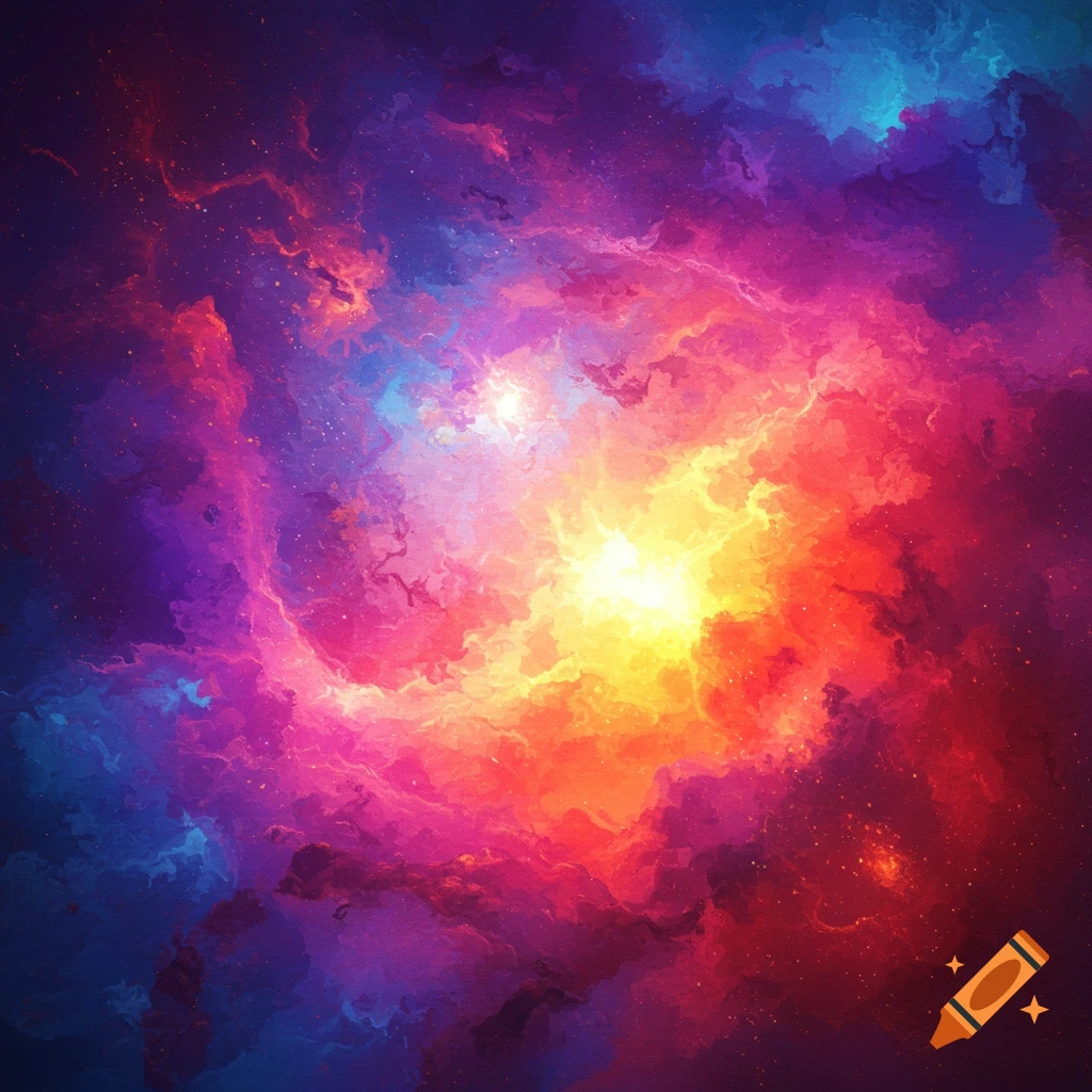 A vibrant swirling cosmic nebula in red, orange, yellow, purple, and blue with stars.