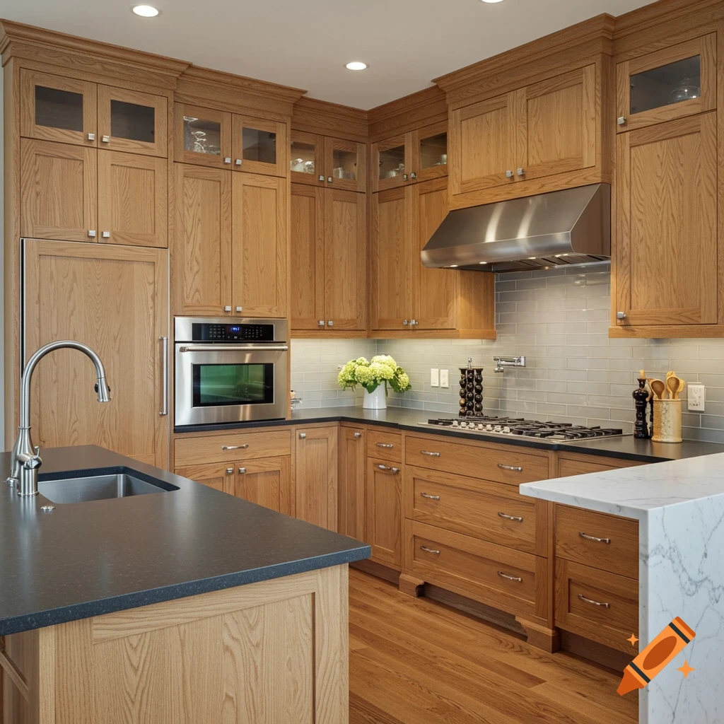 A kitchen featuring white oak cabinets, dark countertops, and a kitchen island.