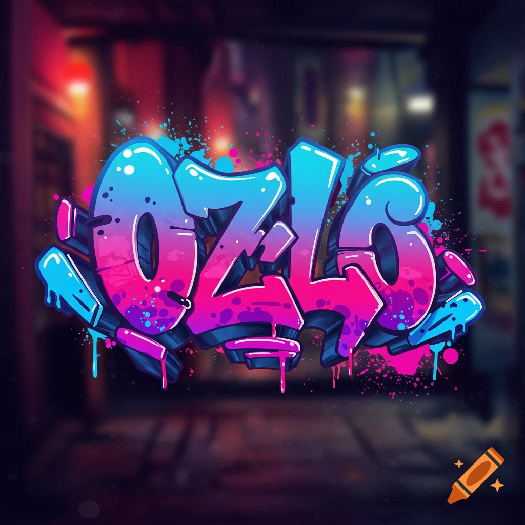 Colorful graffiti art reading 'OZLo' with paint splatters on a blurred street background.