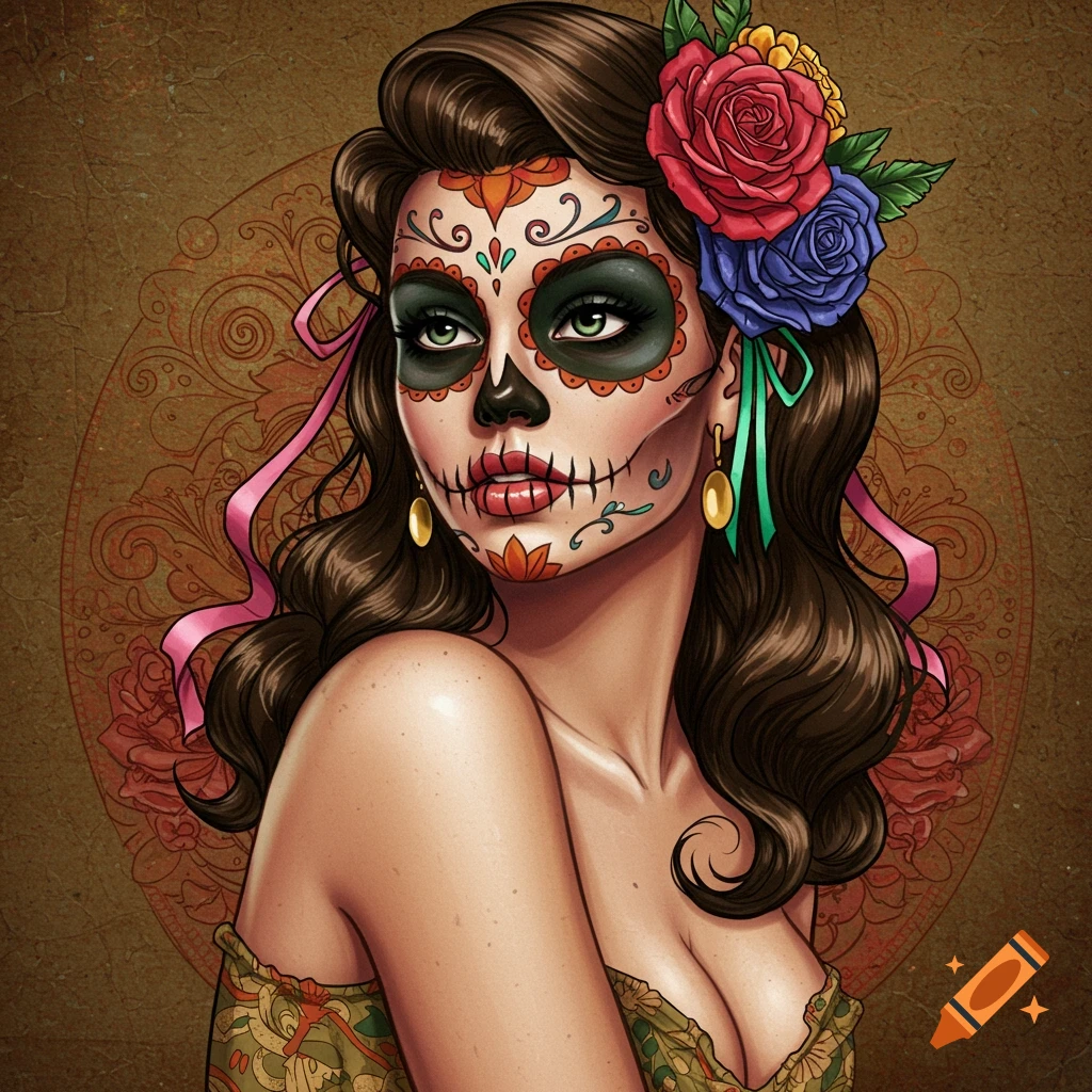 A woman with Day of the Dead sugar skull makeup and flowers in her hair