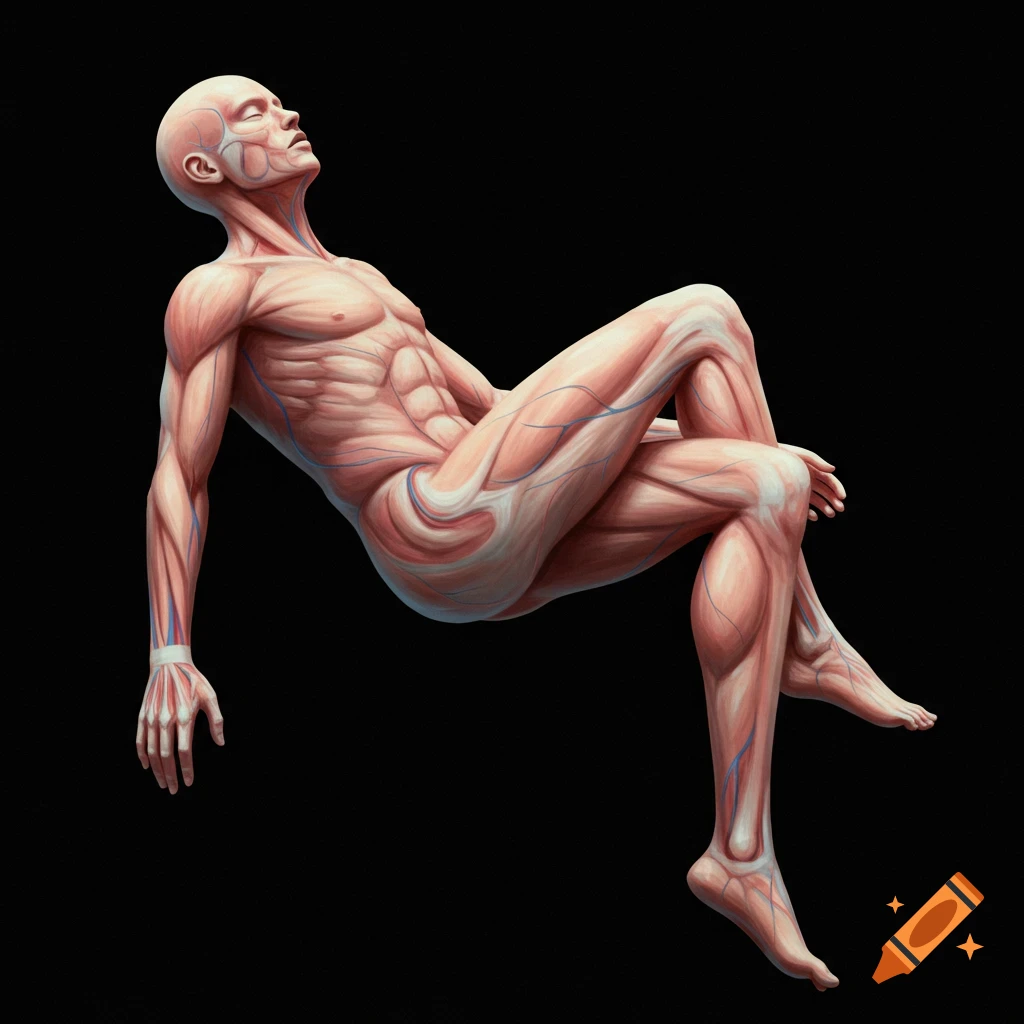 A human figure with exposed muscles and veins is reclining against a black background.
