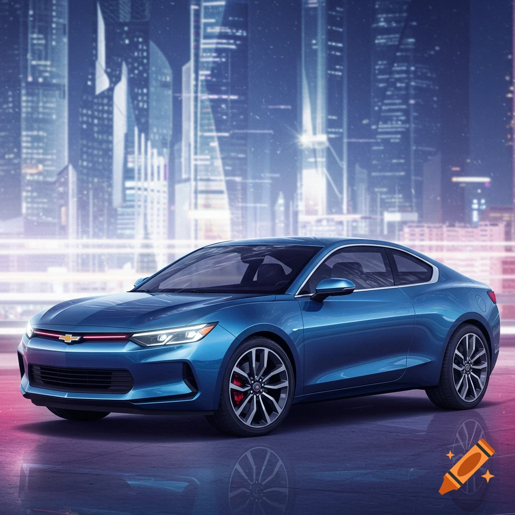 A blue car parked on a wet street in front of a futuristic city skyline.