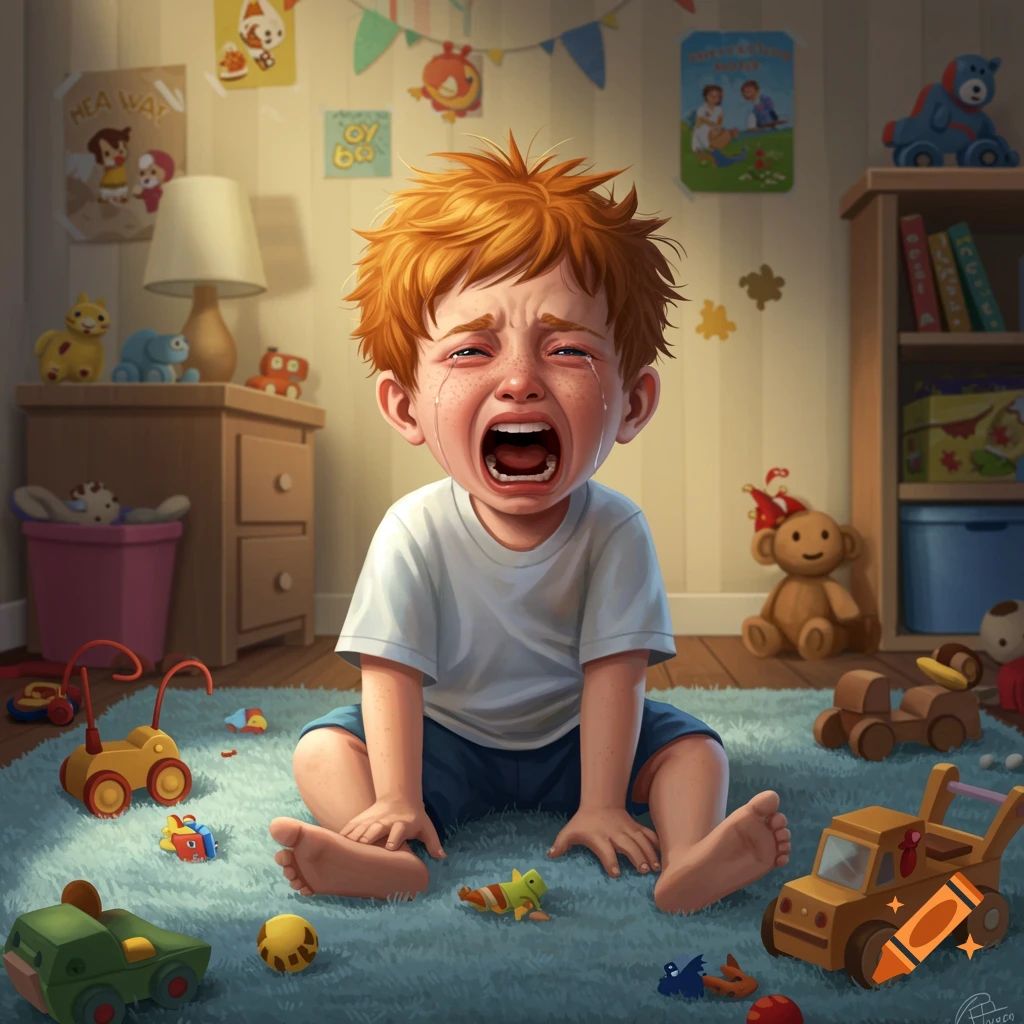 A crying boy sitting on the floor surrounded by toys in his bedroom.
