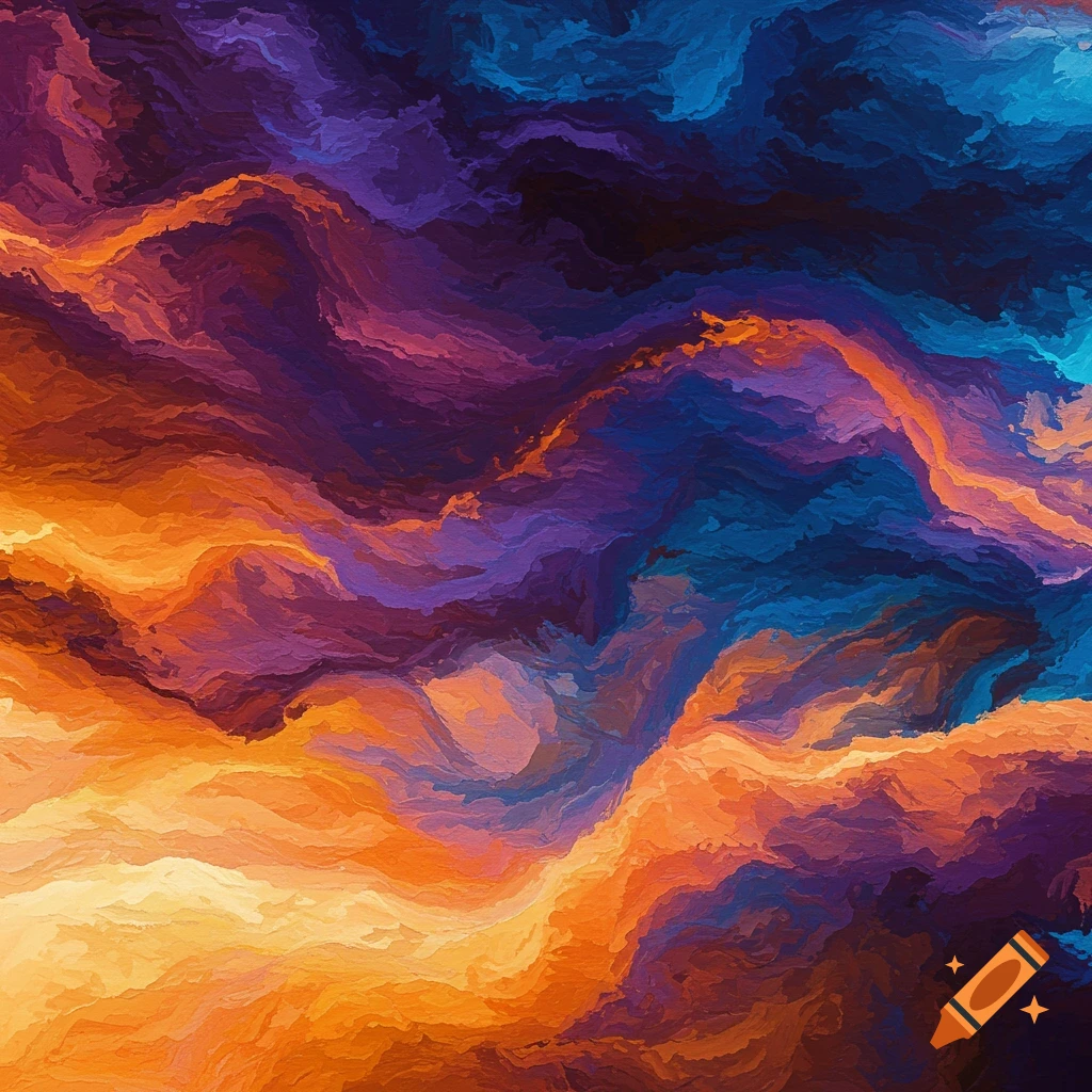Abstract art with vibrant orange, purple, and blue flowing textures.