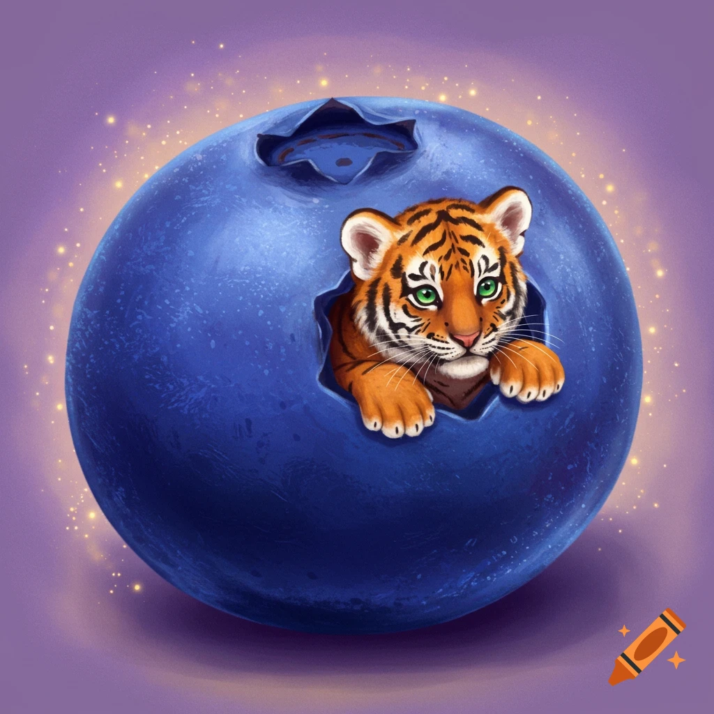 A cute tiger cub peeking out of a large blueberry.