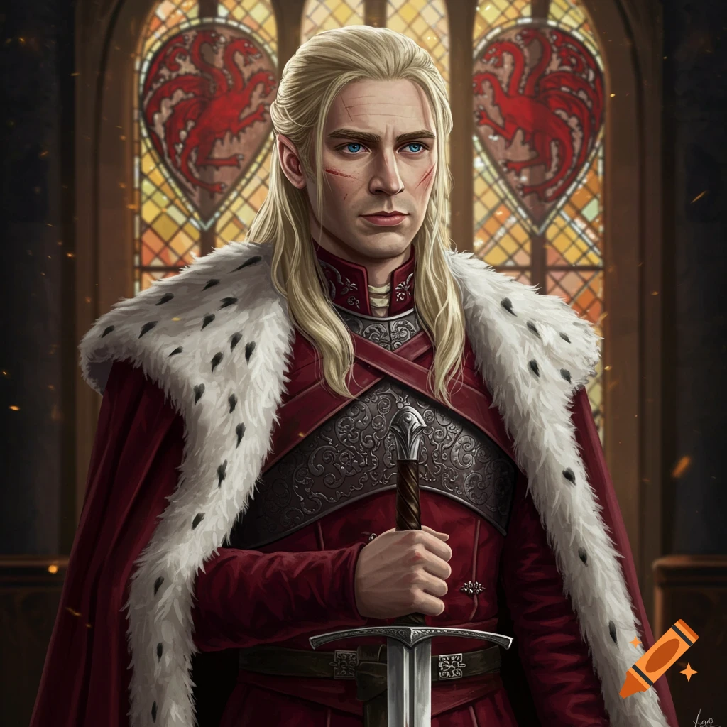 A fantasy prince in red armor and fur cloak, holding a sword in front of stained glass dragons.