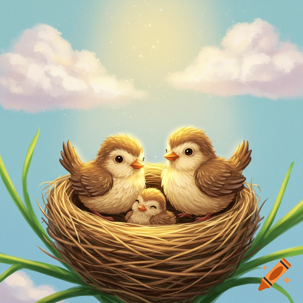 A family of birds in a nest.