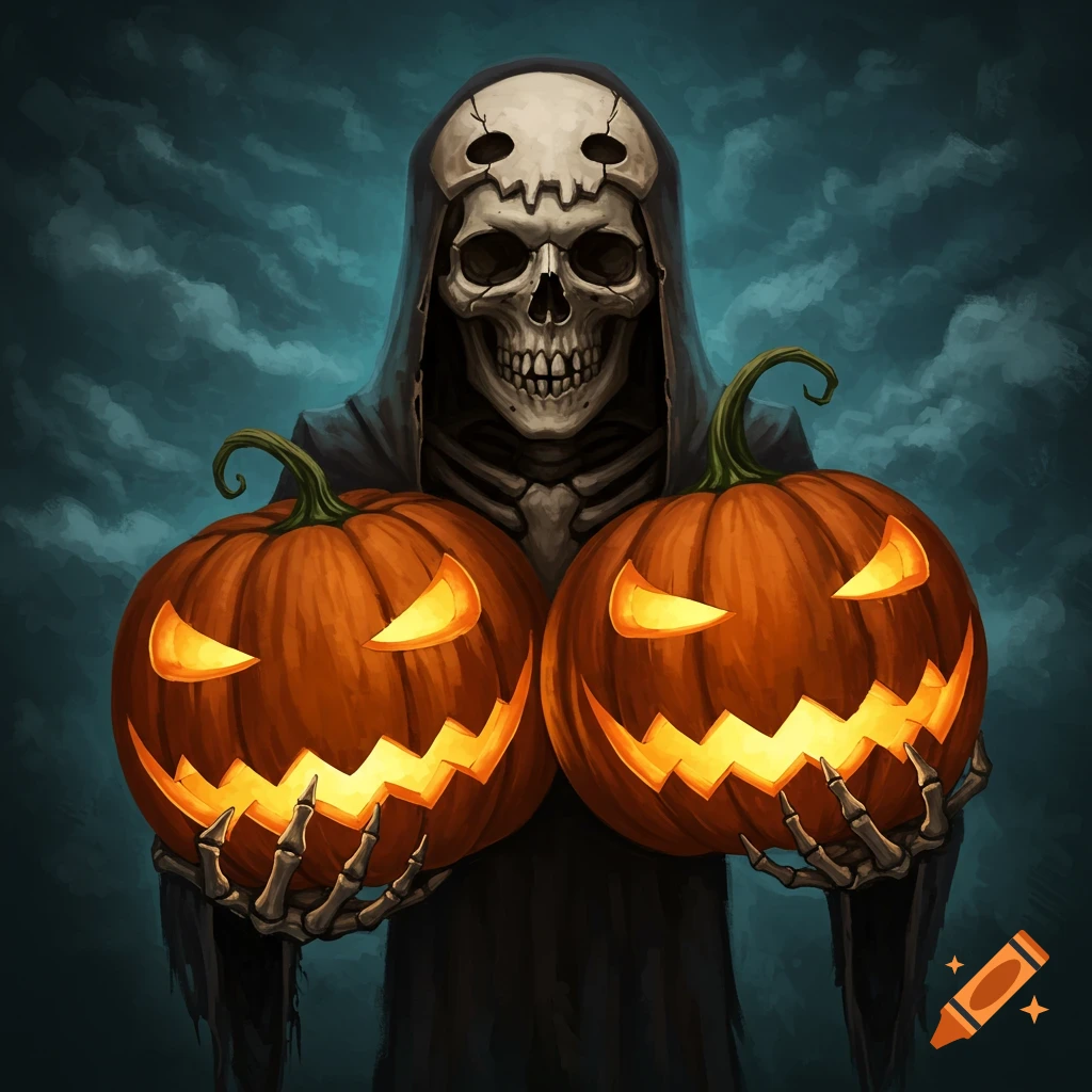 A skeleton in a robe holding two glowing jack-o'-lanterns.