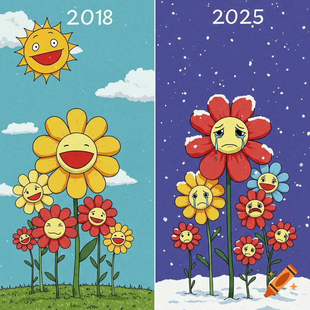 Cartoon illustration comparing 2018 (happy flowers, sun) and 2025 (sad flowers, snow).