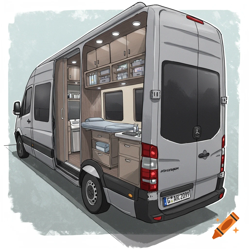 A customized Mercedes-Benz Sprinter van has been converted into a mobile clinic, and this image shows its interior and exterior.