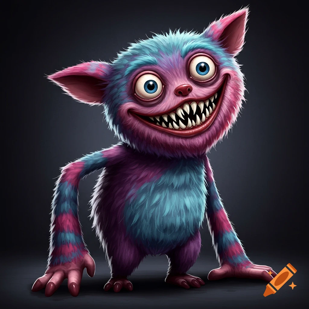A purple and blue striped monster with huge eyes and sharp teeth.
