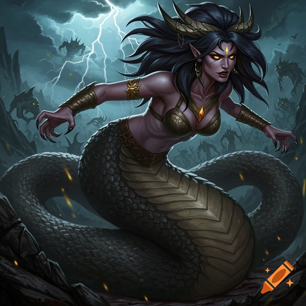 A portrayal of Echidna, a mythical creature with a human upper body and serpentine lower body, in a stormy landscape filled with monsters.