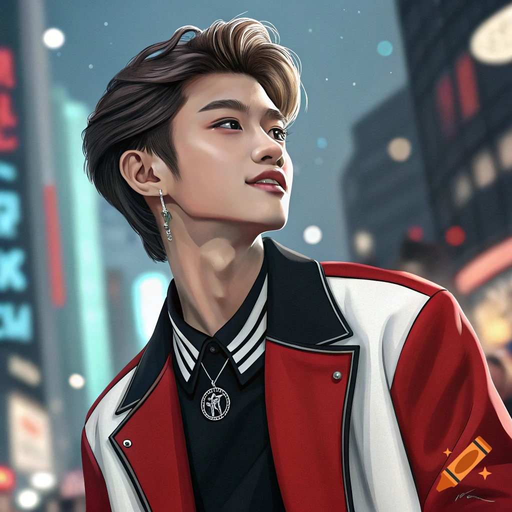 Stylized portrait of a young man looking up on a city street at night.
