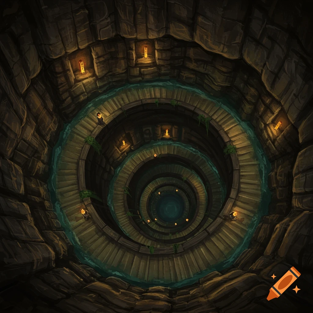 A top-down view of a spiral staircase descending into a dark underground well or catacomb with torchlight and water.