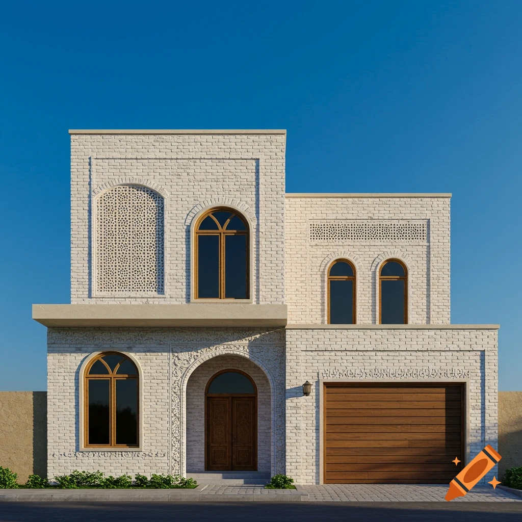 Modern Iranian house facade in traditional white brick under a clear blue sky