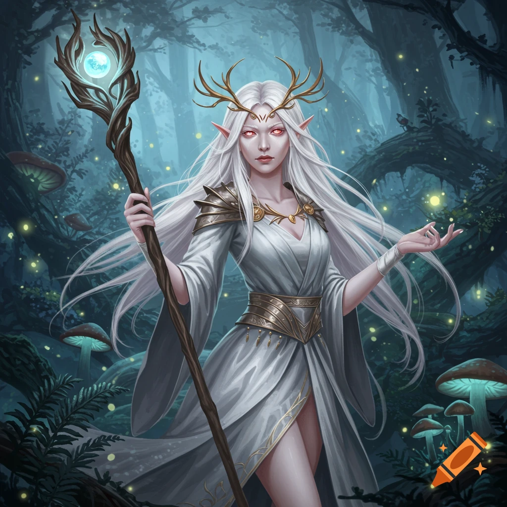 An albino elf woman with red eyes and glowing staff stands in a dark forest with mushrooms.