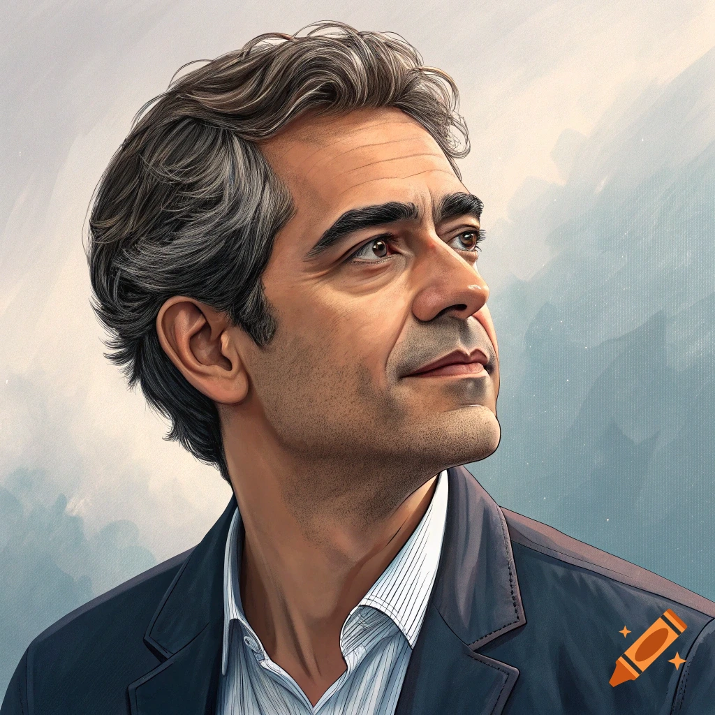 Illustration of a man looking upwards, wearing a jacket and shirt.