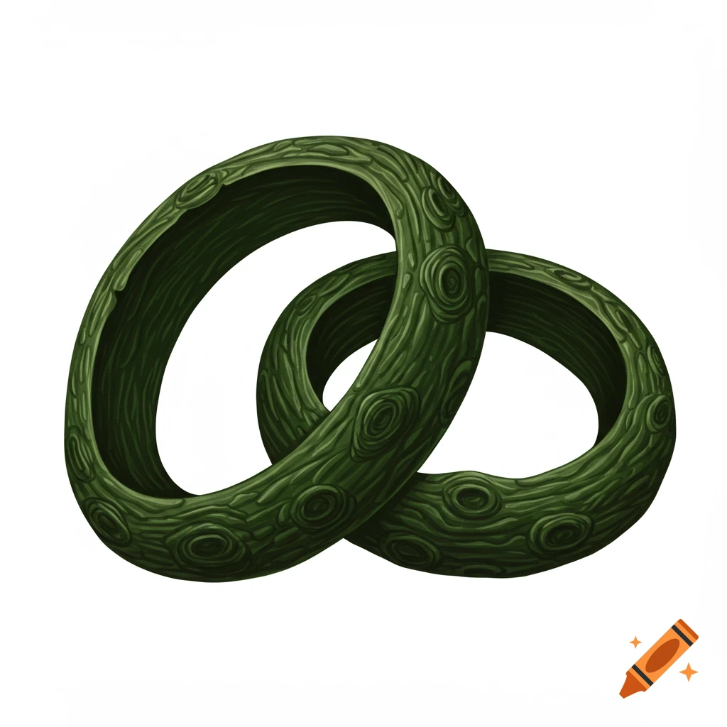 Two linked green rings with wood grain texture on a white background.