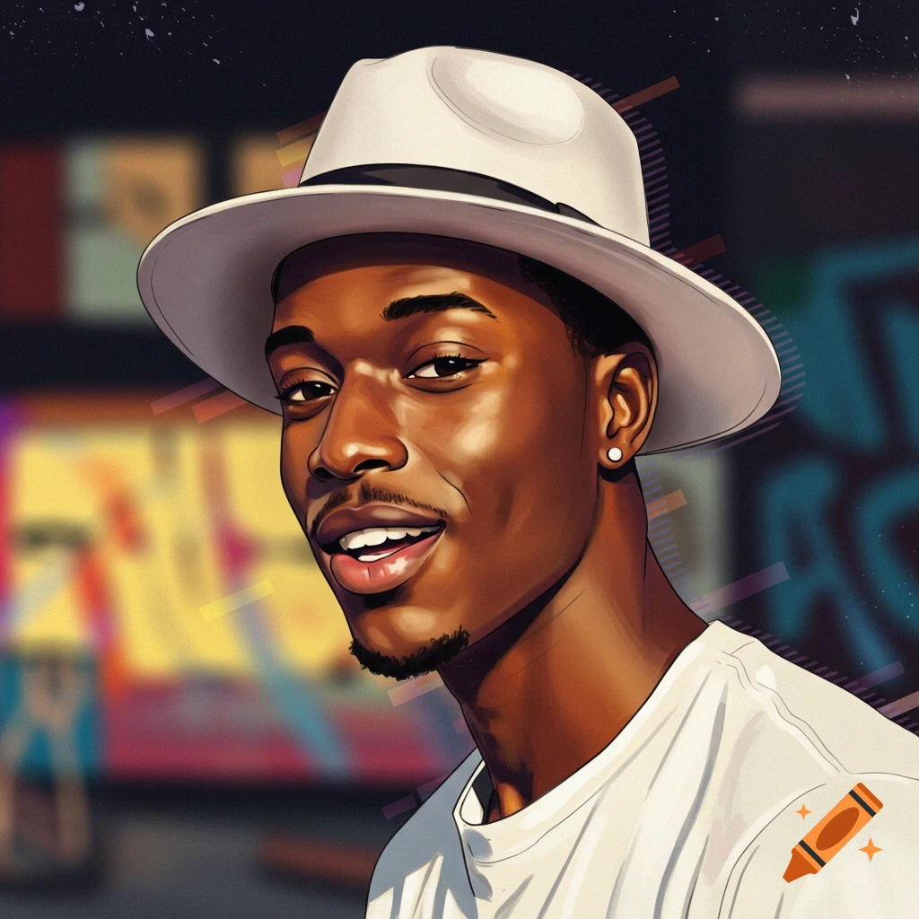 A young black man in a white hat smiling.