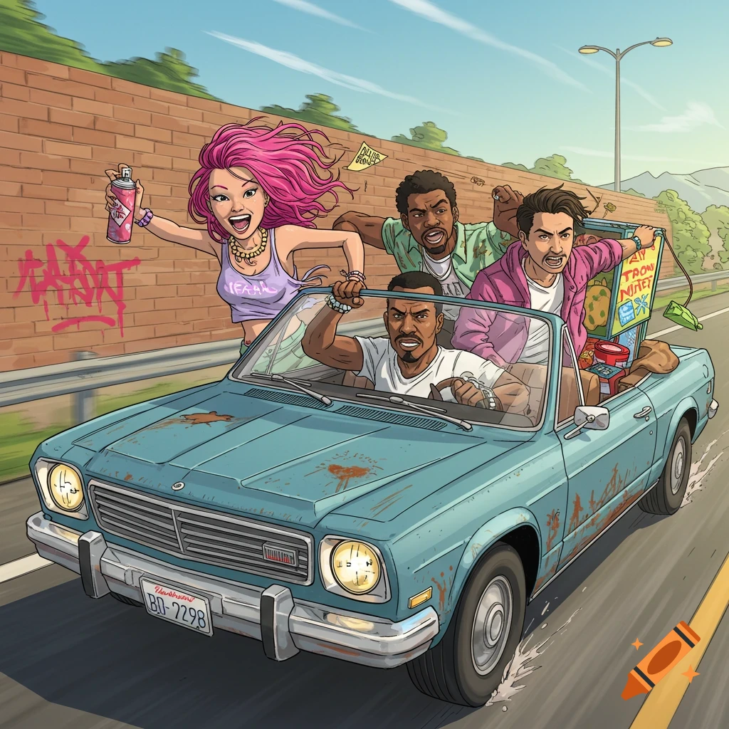 A digital illustration of four people committing crimes from a beat-up convertible during a road trip.
