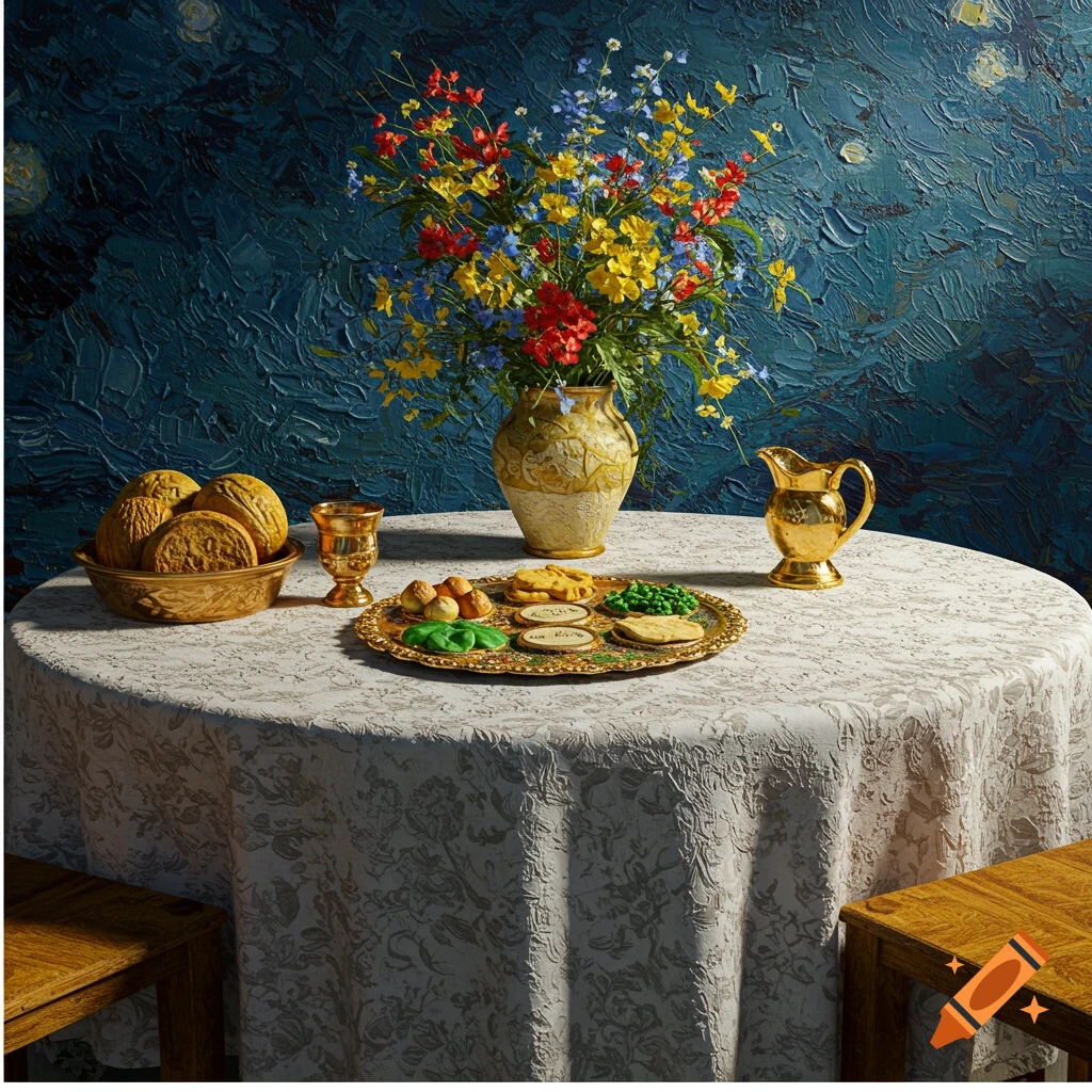 Van Gogh-style painting of a Passover Seder table with flowers, bread, and Seder plate.