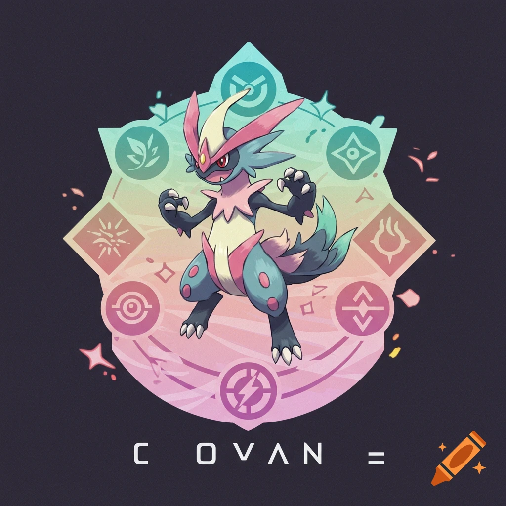 Stylized creature resembling a Pokemon within a geometric design with symbols and text. Illustration.