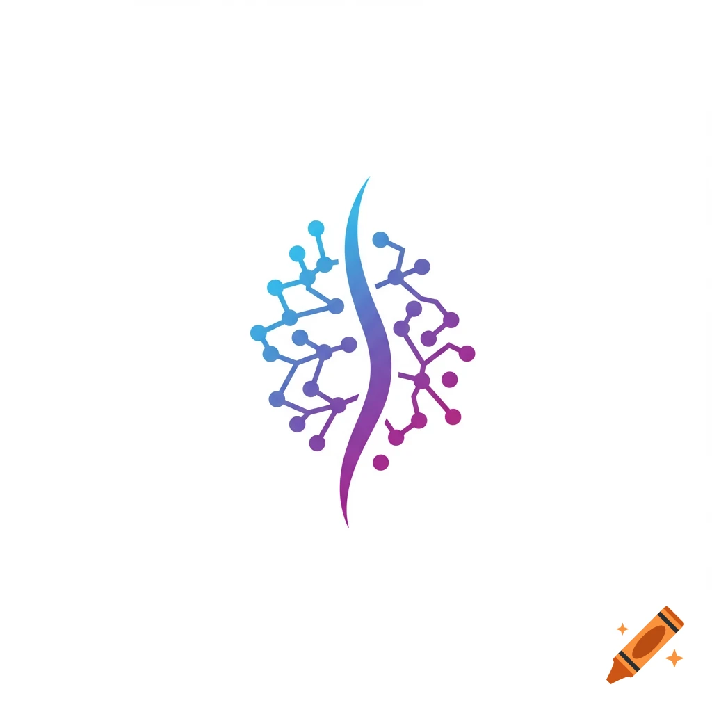 Abstract blue and purple logo combining neural network nodes and a curved spine shape.