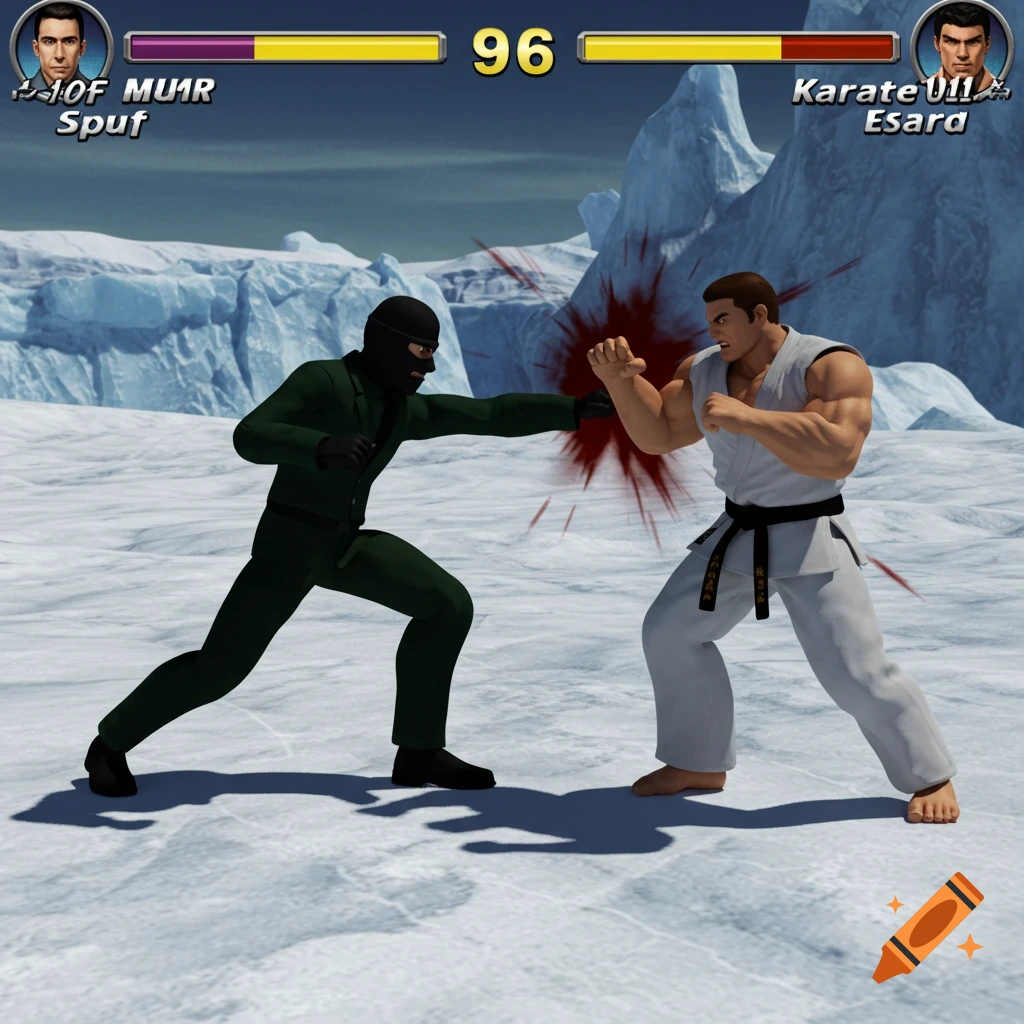 Two characters in a fighting game UI. A spy in green fights a karate expert in white in a snowy arena.