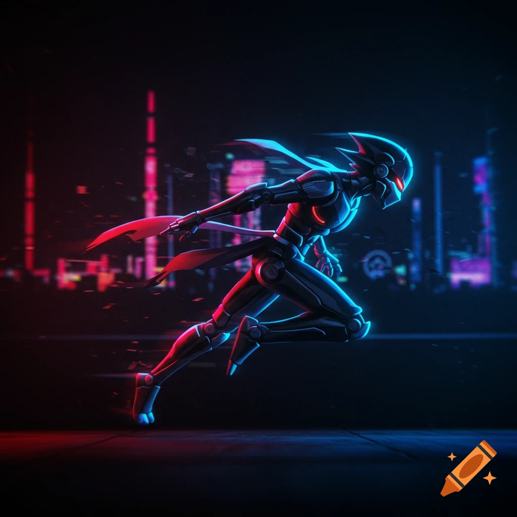 A futuristic robot ninja running in a dark city with red and blue lighting in an anime style.