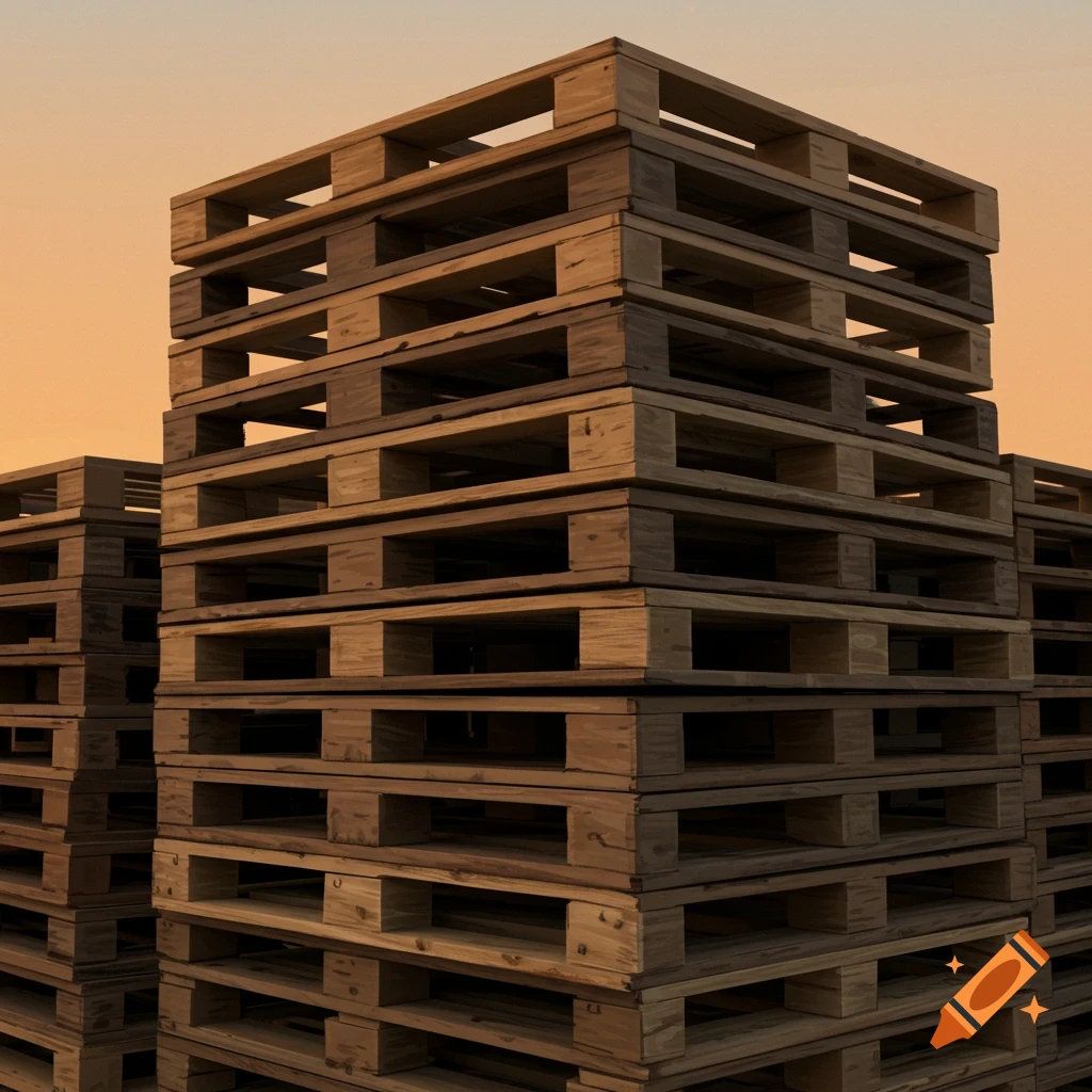 Stacks of wooden pallets at sunset