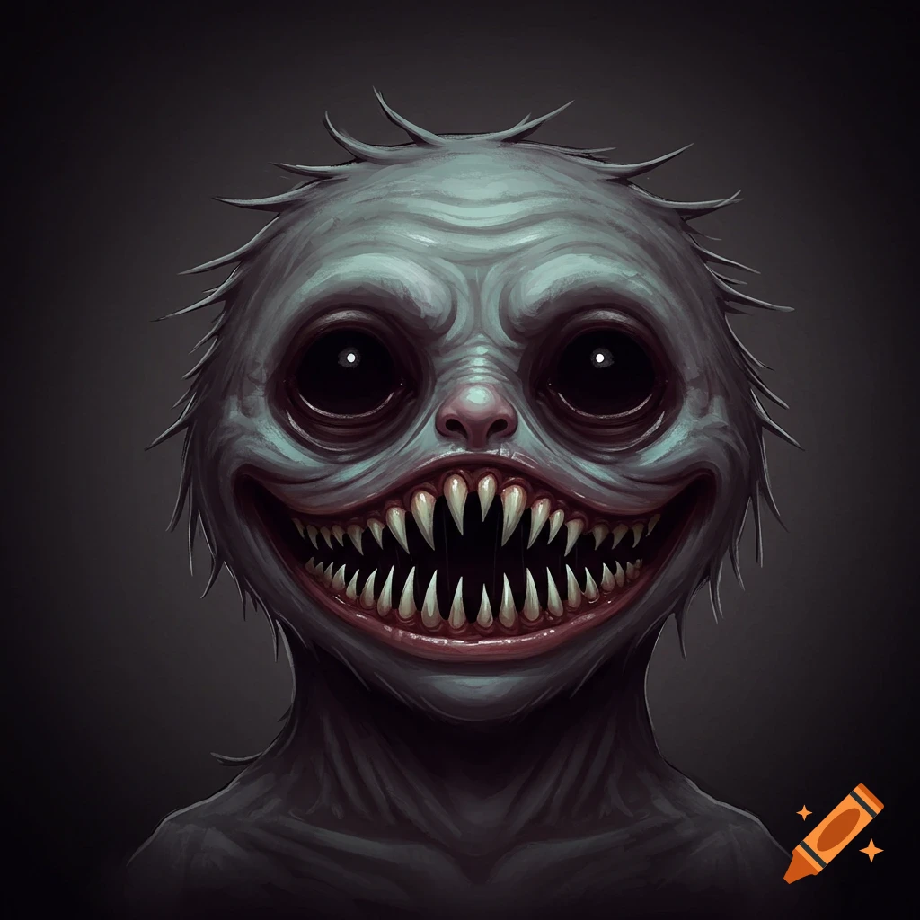 A creepy monster face with large eyes and many sharp teeth.