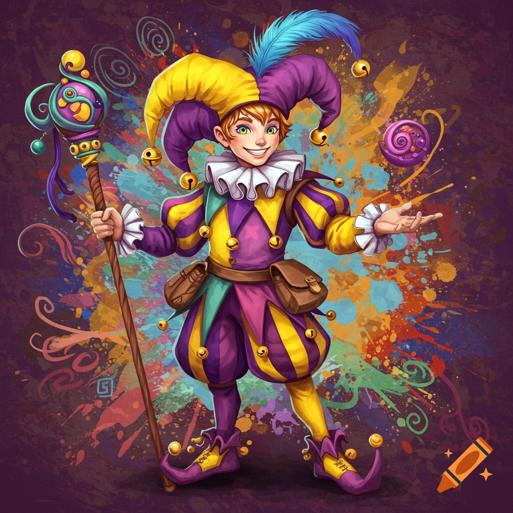 A colorful fantasy jester character holding a staff.