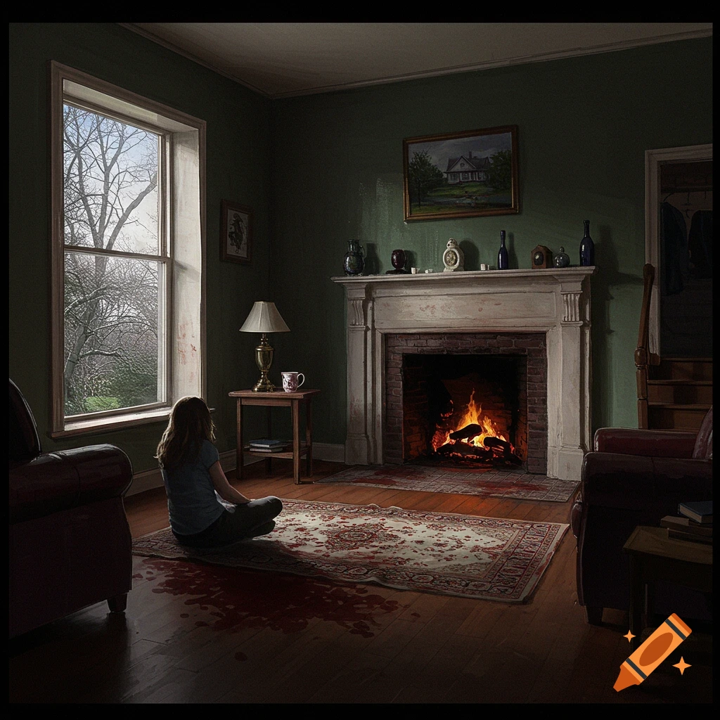 A person is sitting by a fireplace in a room with blood splatters, looking out a window.