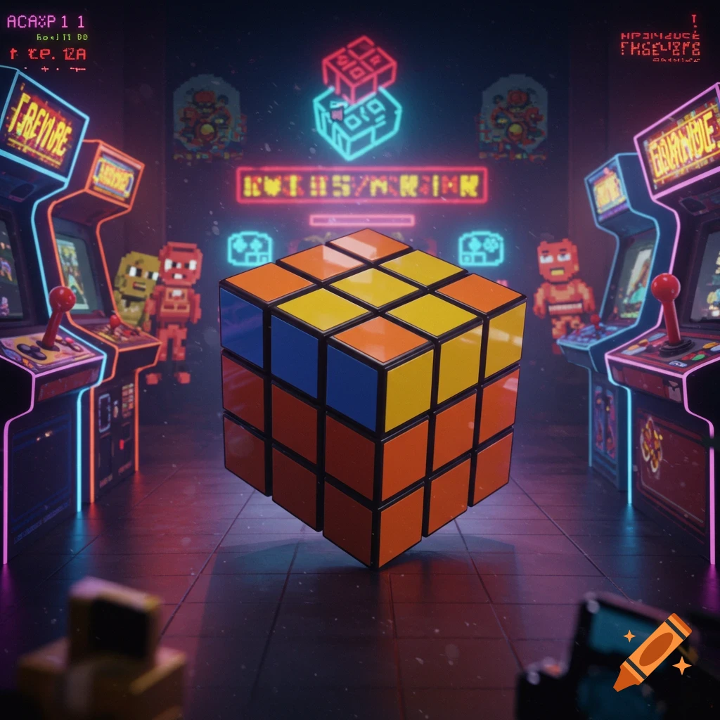 A Rubik's cube in a retro arcade with neon lights and pixel characters.