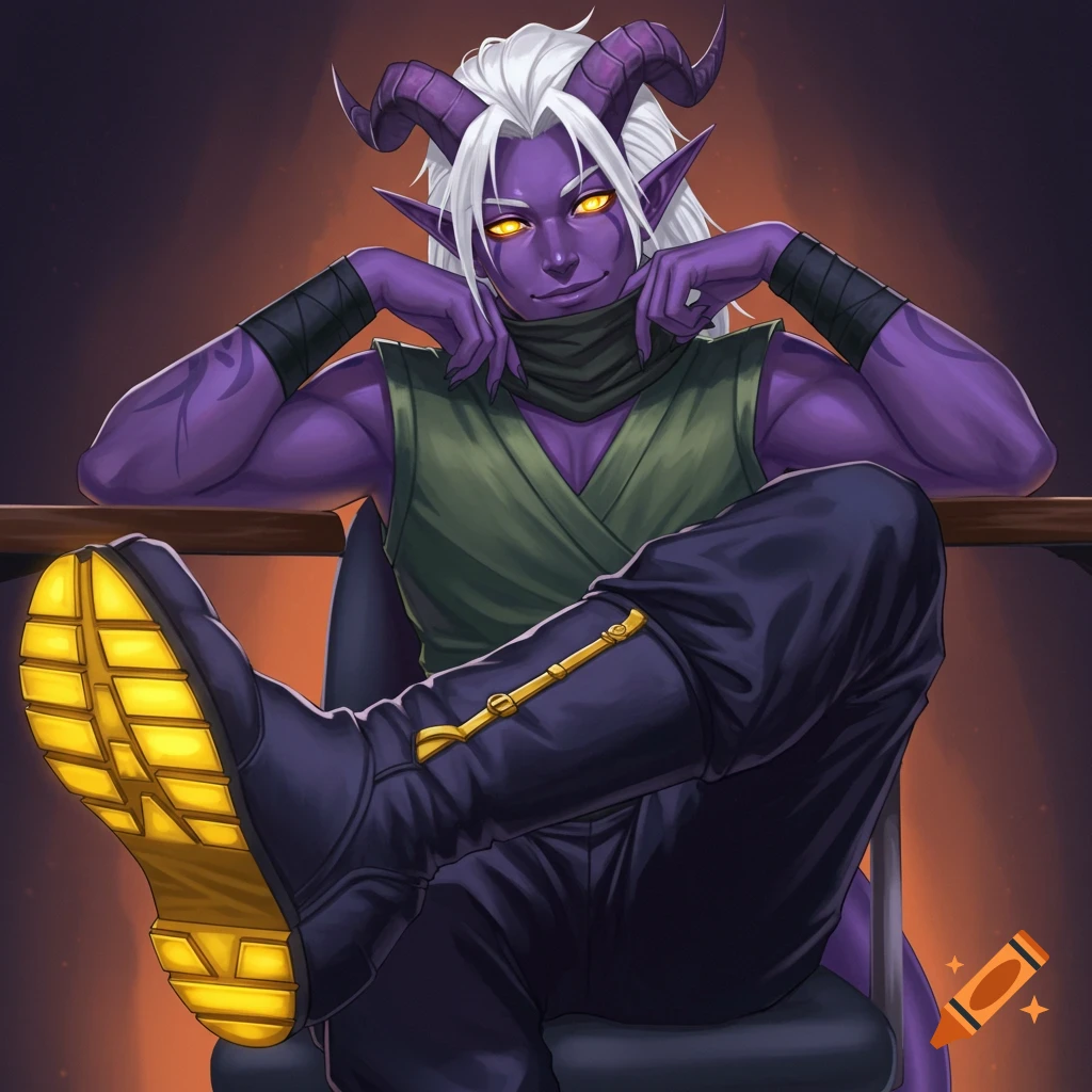 A purple-skinned male Tiefling with white hair and horns, sitting with booted feet on a desk, smirking.